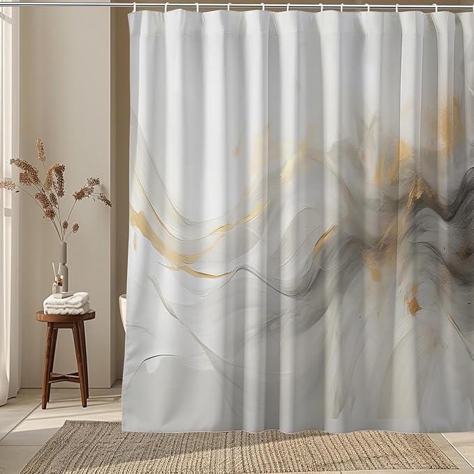 Grey Marble Shower Curtain Abstract Wave Smokey,White Gold Dreamy Romantic Fabric Shower Curtains for Bathroom Decor 72x72 Inch
