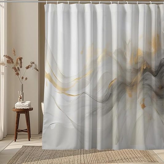 Grey Marble Shower Curtain Abstract Wave Smokey,White Gold Dreamy Romantic Fabric Shower Curtains for Bathroom Decor 72x72 Inch