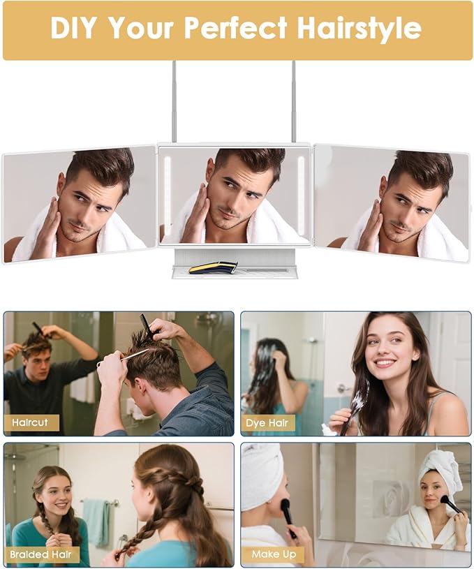 Dripex 3 Way Mirror with Storage Shelf and 3 Color LED Lights, Rechargeable Trifold Self Haircut 360° Mirror with Height Adjustable Hooks, for Makeup, Styling, Shaving, Braiding, Dye Hair (White)