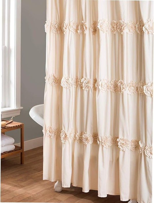 Lush Decor Darla Ruched Floral Bathroom Shower Curtain, 72” x 72”, Ivory