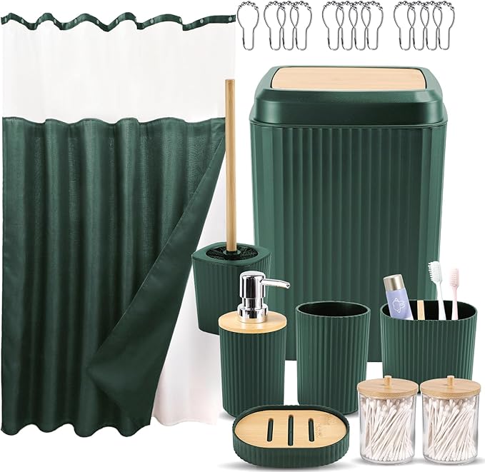 Bathroom Accessories Set, Farmhouse Home Decor, Green Shower Curtain with Snap in Fabric Liner and Hooks, Trash Can, Toilet Brush, Soap Dispenser, Toothbrush Holder, Tumbler, Soap Dish, Jars
