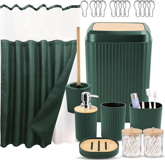 Bathroom Accessories Set, Farmhouse Home Decor, Green Shower Curtain with Snap in Fabric Liner and Hooks, Trash Can, Toilet Brush, Soap Dispenser, Toothbrush Holder, Tumbler, Soap Dish, Jars