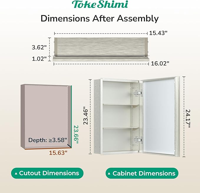TokeShimi 16 x 24 Medicine Cabinet Mirror, Assembly Required, Brushed Nickel Mirror Medicine Cabinet Bathroom, Beveled Aluminum Frame, Wall Mounted or Recessed, Tempered Glass