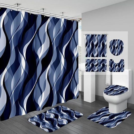 4PCS Navy Blue Bathroom Sets with Shower Curtain and Rugs, Abstract Striped Shower Curtain Sets with Rugs, Modern Luxury Bathroom Curtains Shower Set Accessories
