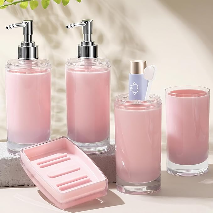 Pink Bathroom Accessories Set 5 Pieces Soap Dispenser and Toothbrush Holder, Tumbler, Soap Dish, Waterproof Labels, Acrylic Sink Countertop Organizer Set, Housewarming Gift with Exquisite Packaging