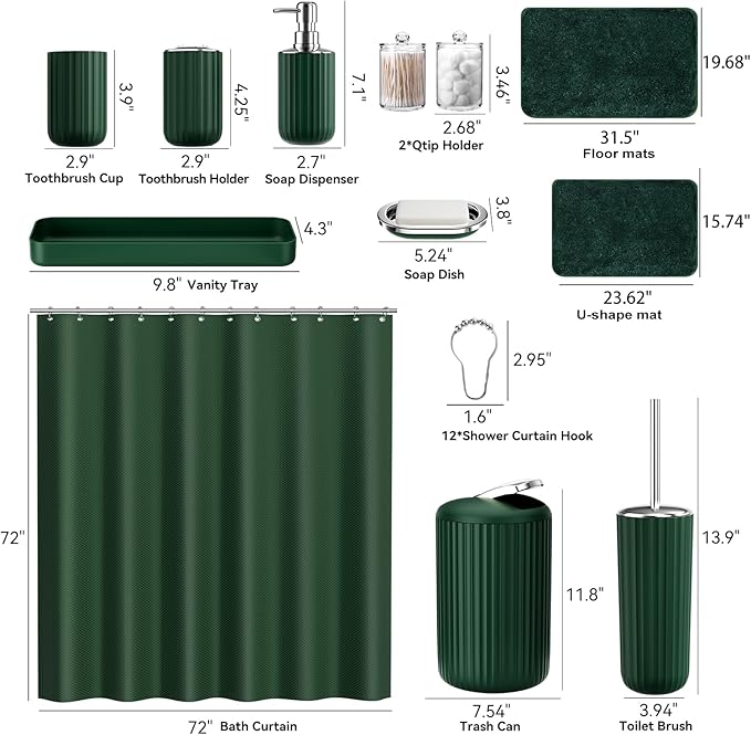 XLHOMO 24 PCS Dark Green Bathroom Accessories Set with Shower Curtain and Rugs, Bathroom Sets with Extra Soft and Absorbent Bath Rugs Shower Curtain Bathroom Accessory for Bath
