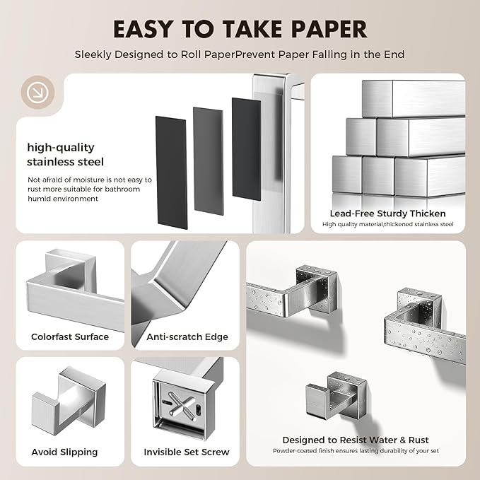 Bathroom Accessory Towel Bar Set: 5 Pieces Brushed Nickel Square Bathroom Hardware SUS304 Stainless Steel - 24 Inch Wall Mounted Towel Rack&Toilet Paper Holder&Towel Ring and Towel Hook