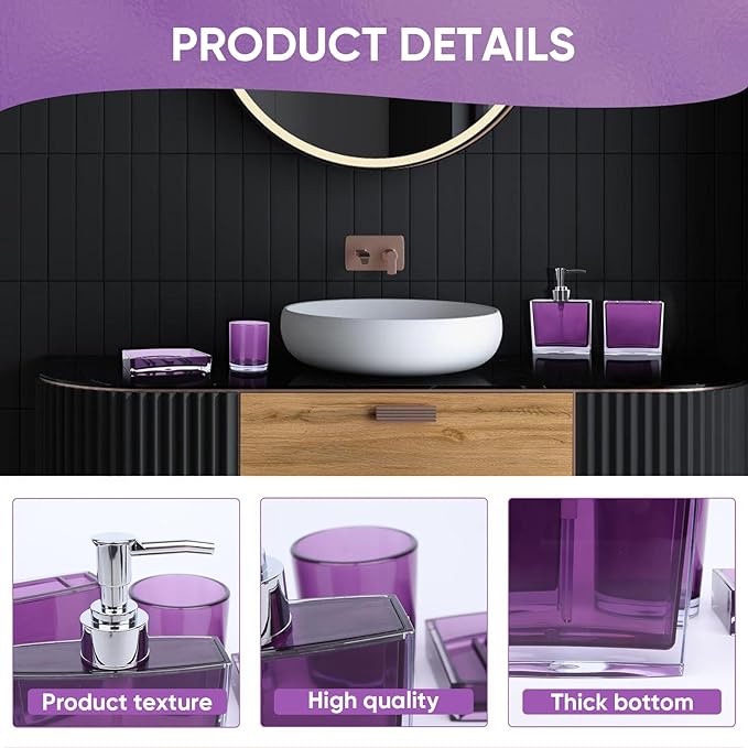 4-Piece Classic Purple Acrylic Bathroom Accessory Set — Soap Dispenser, Toothbrush Holder, Soap Dish & Mouthwash Cup, Vanity Countertop Organizer for Purple Bathroom Decor