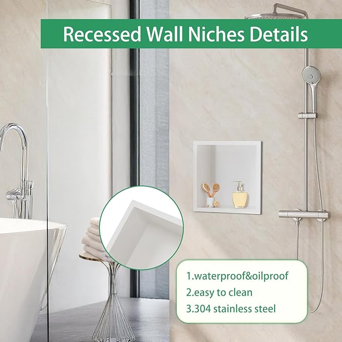 SaniteModar Shower Niche, Stainless Steel Shower Niche No Tile Needed, Recessed for Bathroom Storage (Warm White, 12x12)