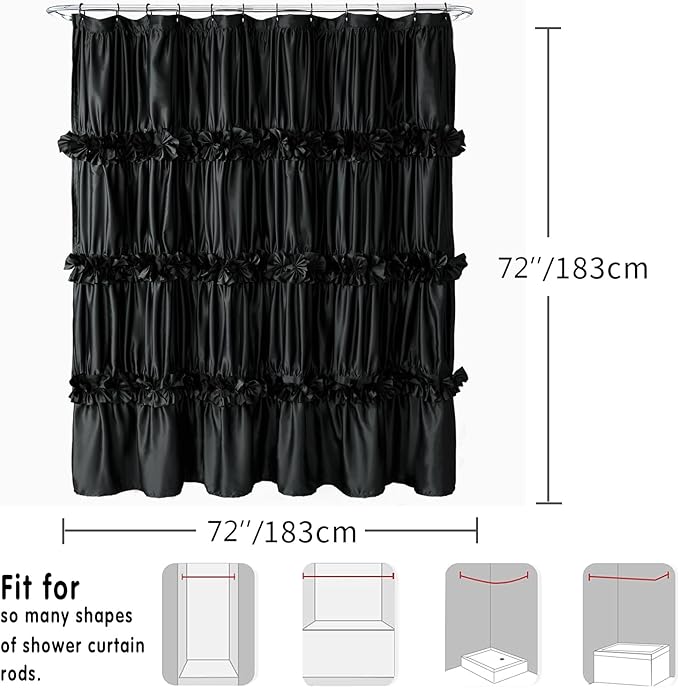 Black Ruffle Shower Curtain, Vintage Handcrafted Bow Tie Bath Curtain for Master Bathroom, Ruched Satin Bathroom Curtain with 12 Buttonholes, 72" W x 72" H (LQ-10)