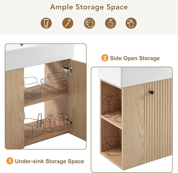 Virubi 21.6 in Floating Bathroom Vanity with Sink,Soft Closing Doors,Solid Wood Frame & MDF Modern Single Small Natural Wood Bathroom Vanity Cabinet with Open Shelf,Wall Mounted