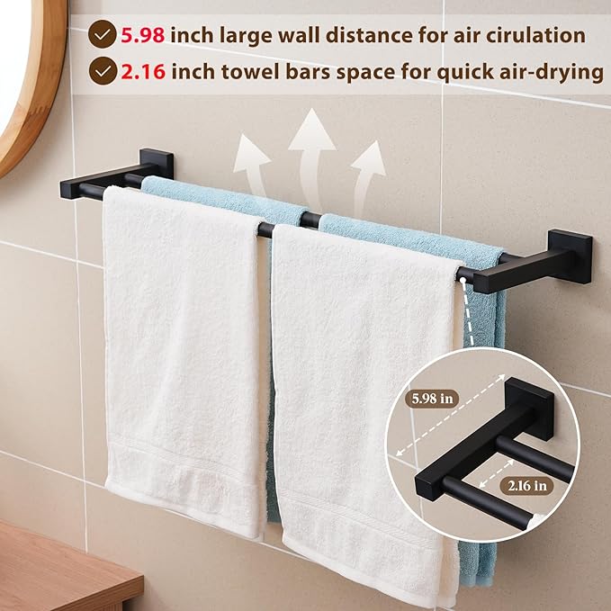 Double Black Towel Bar, 24 Inch Double Towel Racks for Bathroom, Wall Mounted Bathroom Towel Holder Stainless Steel Towel Rod Towel Rail Hanger for Wall,Matte Black