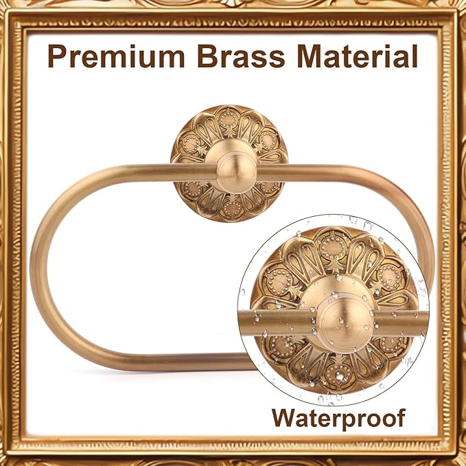 Antique Brass Towel Rack Holder, Oval Retro Brass Hand Towel Ring Wall Mounted Bathroom Accessories for Home Hostel