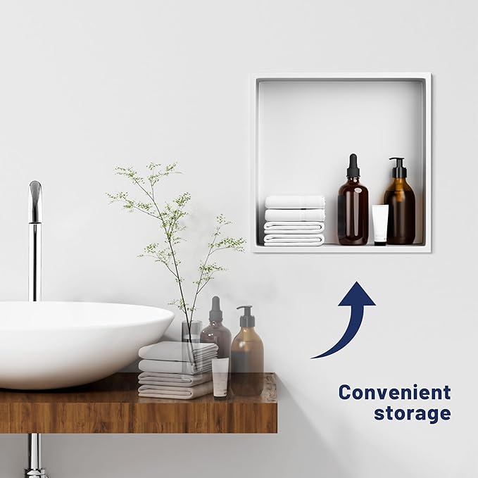 White Shower Niche, Stainless Steel Wall Niche 12"X12", No Tile Needed Recessed Inserted Niche Shower for Bathroom, Living Room, Kitchen for Storage