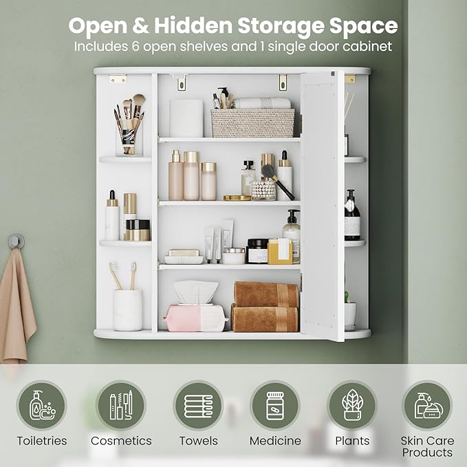 Giantex Bathroom Medicine Cabinet, Wall Mounted Bathroom Mirror Cabinet with Mirrored Door & 4 Interior Shelves, 6 Open Shelves, Mounting Hardware, Space-Saving Storage Cabinet, White