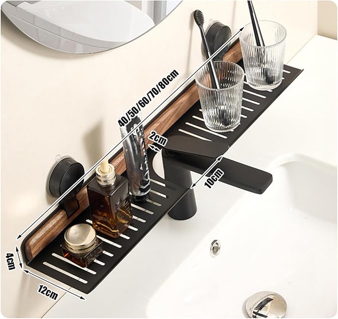 Luxe Sink Suction Organizer, No Drill 20 Inch Bathroom Over Sink Shelf, Adhesive Wall Shelf for Bathroom Storage Organizer, Holds 5lb on Tile/Glass/Mirror, Removable Wood Rack(White 50cm)