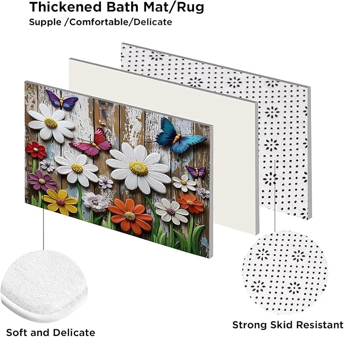 ZLQQ 4Pcs Daisy Butterfly Shower Curtain Sets with Rugs Garden Bathroom Set with Non-Slip Rugs Toilet Lid Cover and Bath Mat Vintage Shower Curtain with 12 Hooks, Durable Bathroom Decor Set