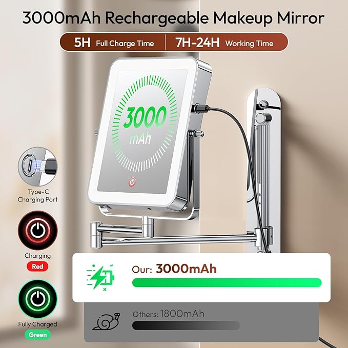 Height Adjustable Wall Mounted Lighted Makeup Mirror with Lights, 10X Magnifying Mirror for Bathroom, 7in Slide Rail and 360° Extended Arm, Rechargeable Wall Mirror with Dual Hooks for Hotel