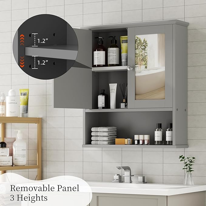 Shintenchi Bathroom Cabinet with Mirror, Wood Medicine Cabinet with Adjustable Shelf, Wall Mount Cabinet Storage, Cupboard, Gray