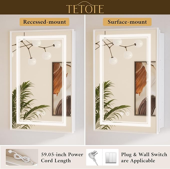TETOTE White Lighted Medicine Cabinet with Tempered Glass Mirror 16 x 24 White Metal Led Recessed Medicine Cabinet for Bathroom with Lights and Storage, 3 Color Dimming, Anti-Fog, 2 Outlets