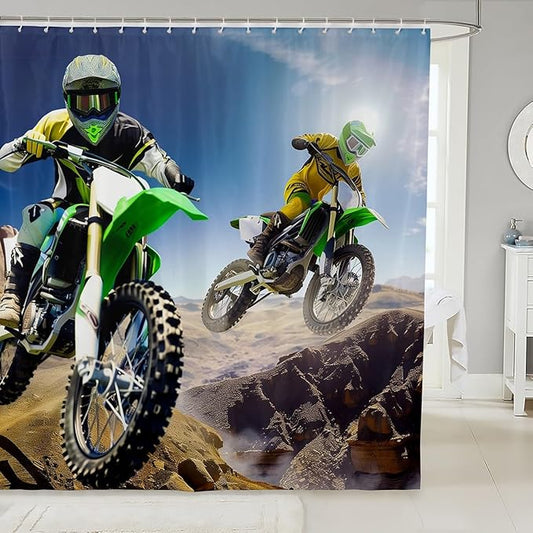 Feelyou Motocross Rider Waterproof Bath Curtain Boys Extreme Sports Theme Bathroom Curtain Dirt Bike Shower Curtain for Kids Teens Motorcycle Bathroom Accessories Stalls Decor 72"X72"