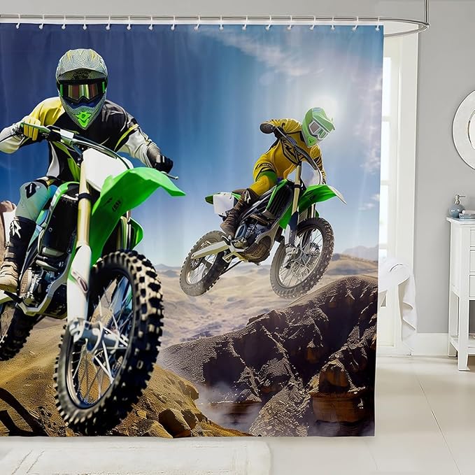 Feelyou Motocross Rider Waterproof Bath Curtain Boys Extreme Sports Theme Bathroom Curtain Dirt Bike Shower Curtain for Kids Teens Motorcycle Bathroom Accessories Stalls Decor 72"X84"
