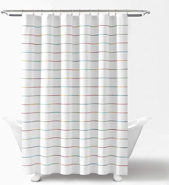 Lush Decor Ombre Stripe Yarn Dyed Cotton Shower Curtain, 72" W x 72" L, Rainbow - Fabric Shower Curtains - Striped Bathroom Curtain - Farmhouse & Coastal Decor