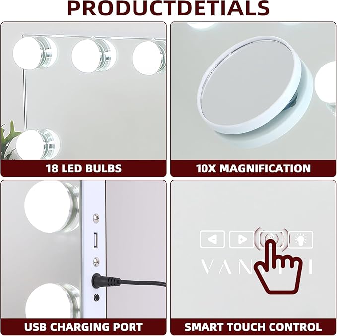 VANITII Vanity Mirror with Lights 22.8" x 31.5" 18 Bulbs 3 Color Modes Large Lighted Hollywood Makeup Mirror with USB Charging Port and 10X Magnification for Bedroom Desktop