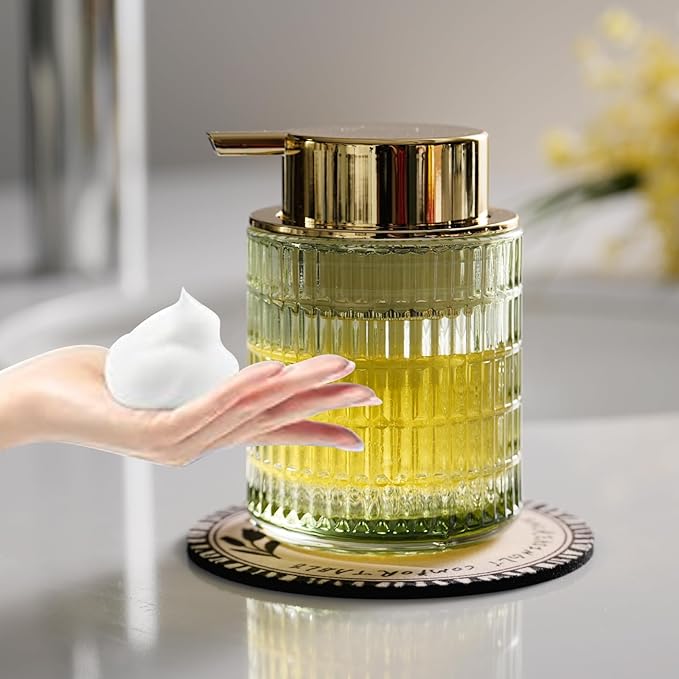 CICUFY Glass Foam Soap Dispenser for Kitchen & Bathroom, Refillable Lotion Dispenser with Large Gold Pump(Striped Pattern-Green)