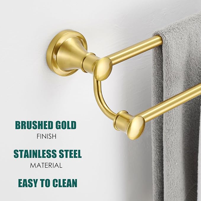 Hoimpro Adjustable Retractable 15-27 Inches Stainless Steel Bathroom Towel Bar, Bathroom Accessories Bath Hotel Double Towel Bar Rod Hanger Wall Mounted Towel Holder Towel Rack, Brushed Gold