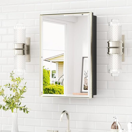 TETOTE Brushed Nickel 16" x 24" Recessed Medicine Cabinet Bathroom Mirror with Storage Medicine Cabinet with Beveled Frame Adjustable Shelves Wall-Mounted