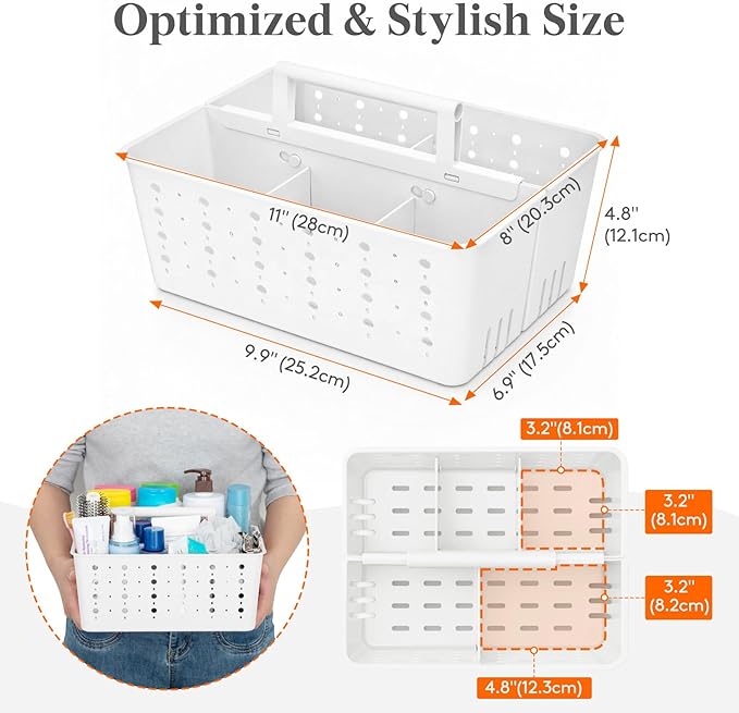 Lifewit Shower Caddy Portable, Cleaning Supplies Caddy Organizer with Handle and Adjustable Dividers, Plastic Shower Basket for Dorm Room Essentials, College, Bathroom, White, 1 Pack
