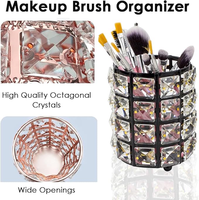 AKOAK 1 Pack Crystal Makeup Brush Holder Office Supplies Storage Rack Eyebrow Pencil/Lipstick/Pencil Makeup Container, Dressing Table, Bedroom, Office (Black)