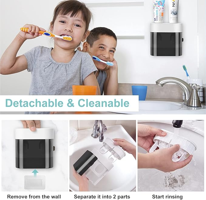 GFWARE Toothbrush Holder Toothpaste Dispenser Wall Mounted with Cover, 4 Slots Tooth Brush Storage Organizer with Automatic Kids Toothpaste Squeezers for Shower Bathroom Black