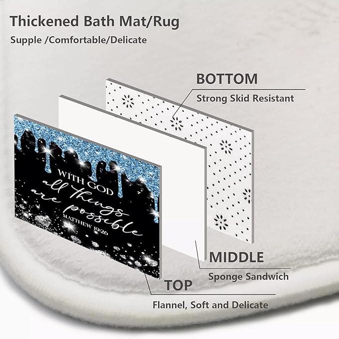 4 Pcs Black Blue Diamonds Shower Curtain Set with Rugs and Toilet Lid Cover, Black White Bible Verse Waterproof Fabric Bathroom Set, Christian Scripture Shower Curtain Bathroom Decor Set Accessories