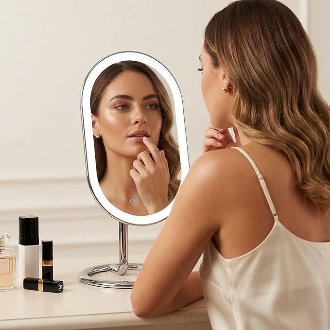 Fancii Vera LED Lighted Vanity Makeup Mirror, Rechargeable - Cordless Illuminated Cosmetic Mirror with 3 Dimmable Light Settings, Dual Magnification (Chrome)