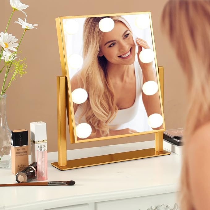 BWLLNI Vanity Mirror with Lights, Hollywood Mirror Lighted Makeup Mirror with 9 LED Bulbs, Touch Control Design 3 Colors Dimmable Bulbs Detachable 10X Magnification 360°Rotation(Gold)