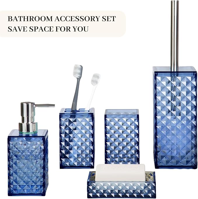 Bathroom Accessory Set, Grid Pattern 5 Pcs Plastic Bathroom Set Include Toilet Bursh, Soap Dispenser, Soap Dish, Toothbrush Holder, Mousewash Cup, Modern Bahtroom Décor Set(Dark Blue)