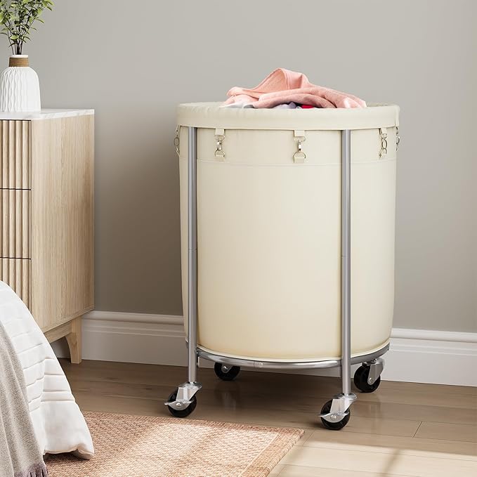 ELYKEN 190L Laundry Basket with Wheels, Large Rolling Laundry Hamper with Removable Liner Bag, Round Rolling Laundry Cart, Dirty Clothes Hamper for Hotel, Home, Closet, Dorm, Cream