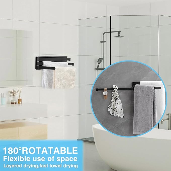 Swivel Towel Rack Wall Mounted, 16" Extra Long 3-Arm Swing Out Towel Holder, Matte Black Stainless Steel Space Saving Towel Bar for Bathroom, Kitchen, RV