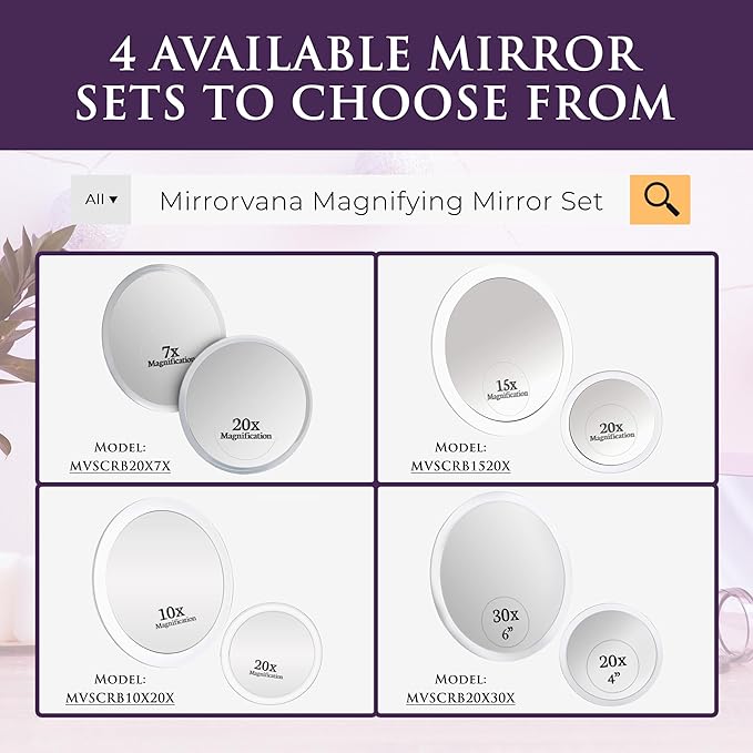 MIRRORVANA Magnifying Mirror Set 30x and 20x - Wall Mounted Makeup Mirror with Suction Cup, Small Magnifying Mirror for Bathroom, 15cm (30 X) and 10cm (20 X)