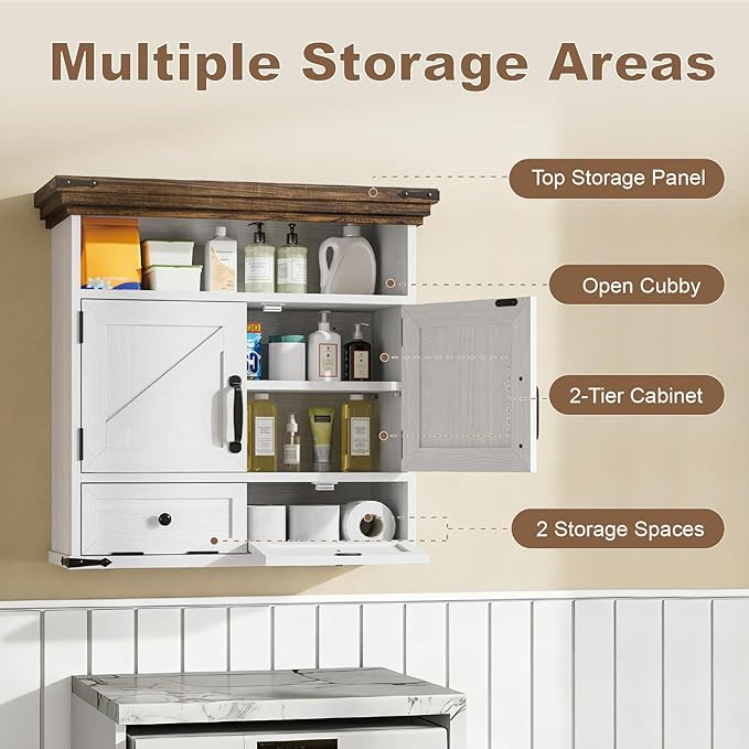 Bathroom Wall Cabinet, Farmhouse Medicine Cabinet with Door, 8.9"D x 25.6"W x 24.8"H, Wall Mounted Bathroom Cabinet with Adjustable Shelf, Wall Storage Cabinet for Laundry Room & Kitchen(White)