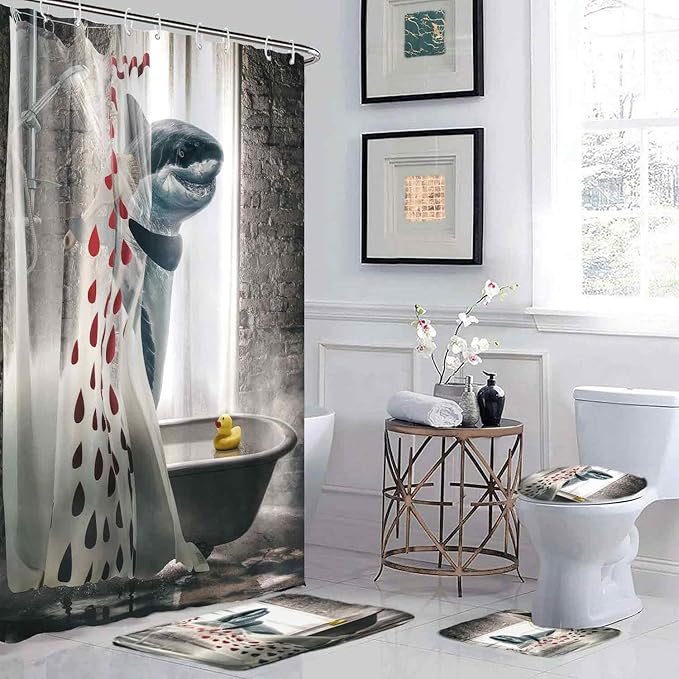 4 Pcs Funny Shark Shower Curtain Sets, Cool Animal Waterproof Polyester Fabric with Non-Slip Rugs, Funny Bathroom Decor Set with 12 Hooks, 72" x 72"