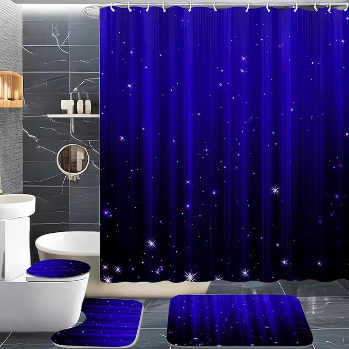 Yddsky 4 Pcs Blue and Black Shower Curtain Sets Non-Slip Rugs Bath Mat Toilet Cover, U-Shaped Mat, Gradient Shower Curtain with 12 Hooks, Modern Abstract Bathroom Set Bathroom Decor