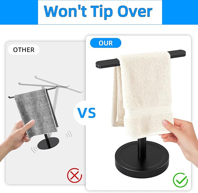 Heavy Duty Hand Towel Holder Stand, Stainless Steel Hand Towel Holder Rack for Bathroom Countertop, Weighted Base T-Shape Free Standing Towel Bar for Bathroom Kitchen Vanity Countertop, Matte Black