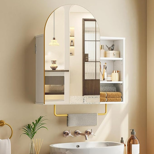 RALGEND Bathroom Arched Medicine Cabinet with Mirror, Modern Bathroom Wall Mounted Mirrored Cabinet with Adjustable Shelves and Storage, White and Gold