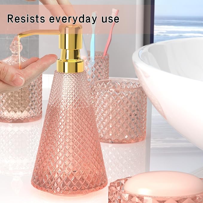 Pink Glass Bathroom Accessories Set 5 Pcs, Pink Bathroom Set, Soap Dispenser and Toothbrush Holder Set, Qtip Holder Set, Vintage Bathroom Sink Set, Cute Bathroom Decor