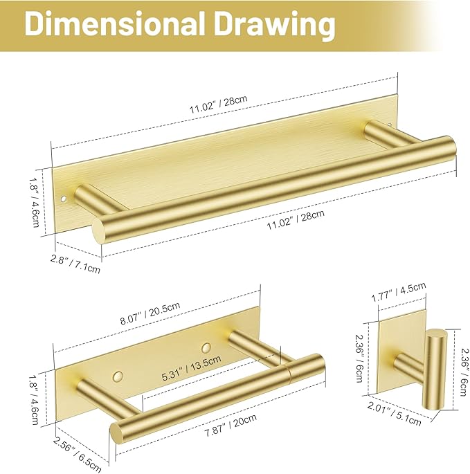 Lairuier 4-Piece Bathroom Hardware Set, Brushed Gold Towel Holder Set Include Adhesive or Screw Towel Bar, Toilet Paper Holder and 2 Towel Hooks, Stainless Steel Wall Mounted Bathroom Accessories