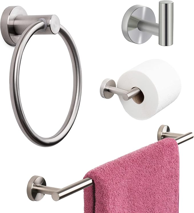 Marmolux ACC Bathroom Hardware Set - 4 Pieces Wall Mount Accessories - Towel Hooks, Hand Towel Holder, Towel Ring, Toilet Paper Holder - Made of SUS 304 Stainless Steel with Brushed Finish