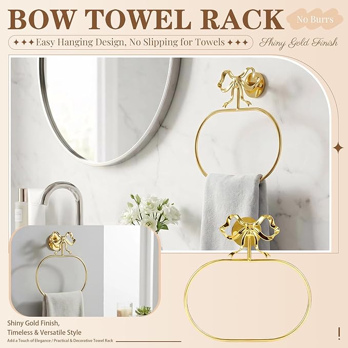 Gold Bow Hand Towel Holder, Coquette Oval-Shaped Brass Towel Ring Bow Modern Girly Decorative Wall Mount Towel Racks with Hardware Accessories for Room Bathroom Kitchen Decor